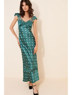 Free People - Women's Green Butterfly Satin Polka Dot Maxi Dress w/ lace, Size M